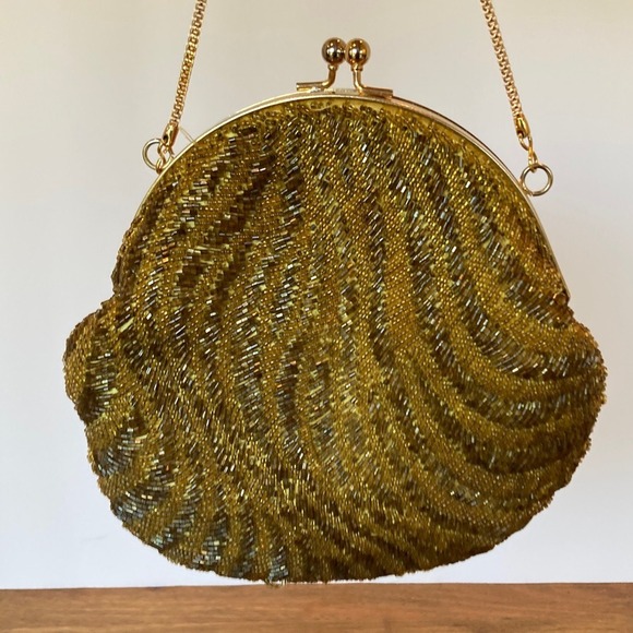 Vintage Kiss Lock‎ Elegant Gold Beaded Clutch Bag Purse Party Event Evening - Picture 11 of 12